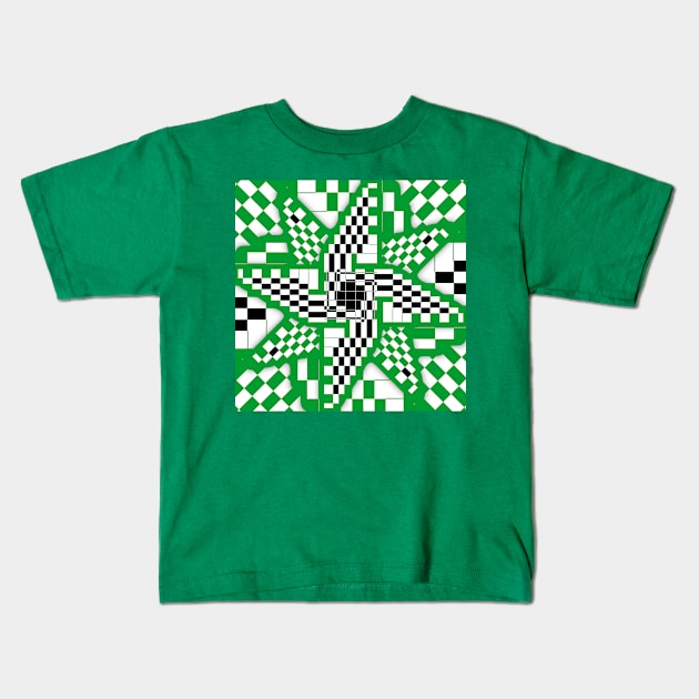 Green Black and White Checkered Pinwheel Optical Illusion Kids T-Shirt by SeaChangeDesign